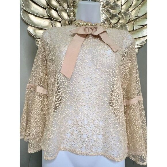 N by Nancy Women's Fishnet Sheer Lace  Champagne Collar Crystals, Size XL - Picture 8 of 16